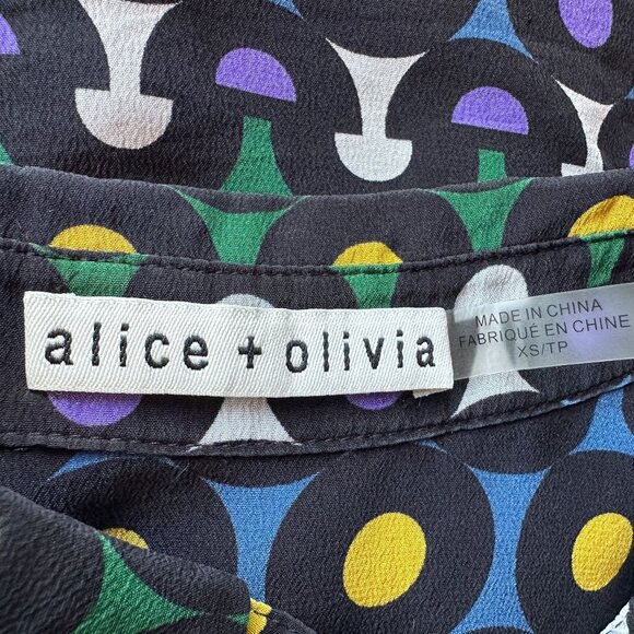 Alice + Olivia Womens XS Top Willa Silk Placket Multicolor Print Button Blouse - Picture 7 of 9